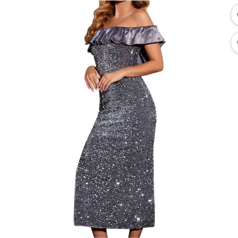 Off-shoulderSequined Line Neck Leg Slit Elegant Party Evening Long Dress Gray SM
